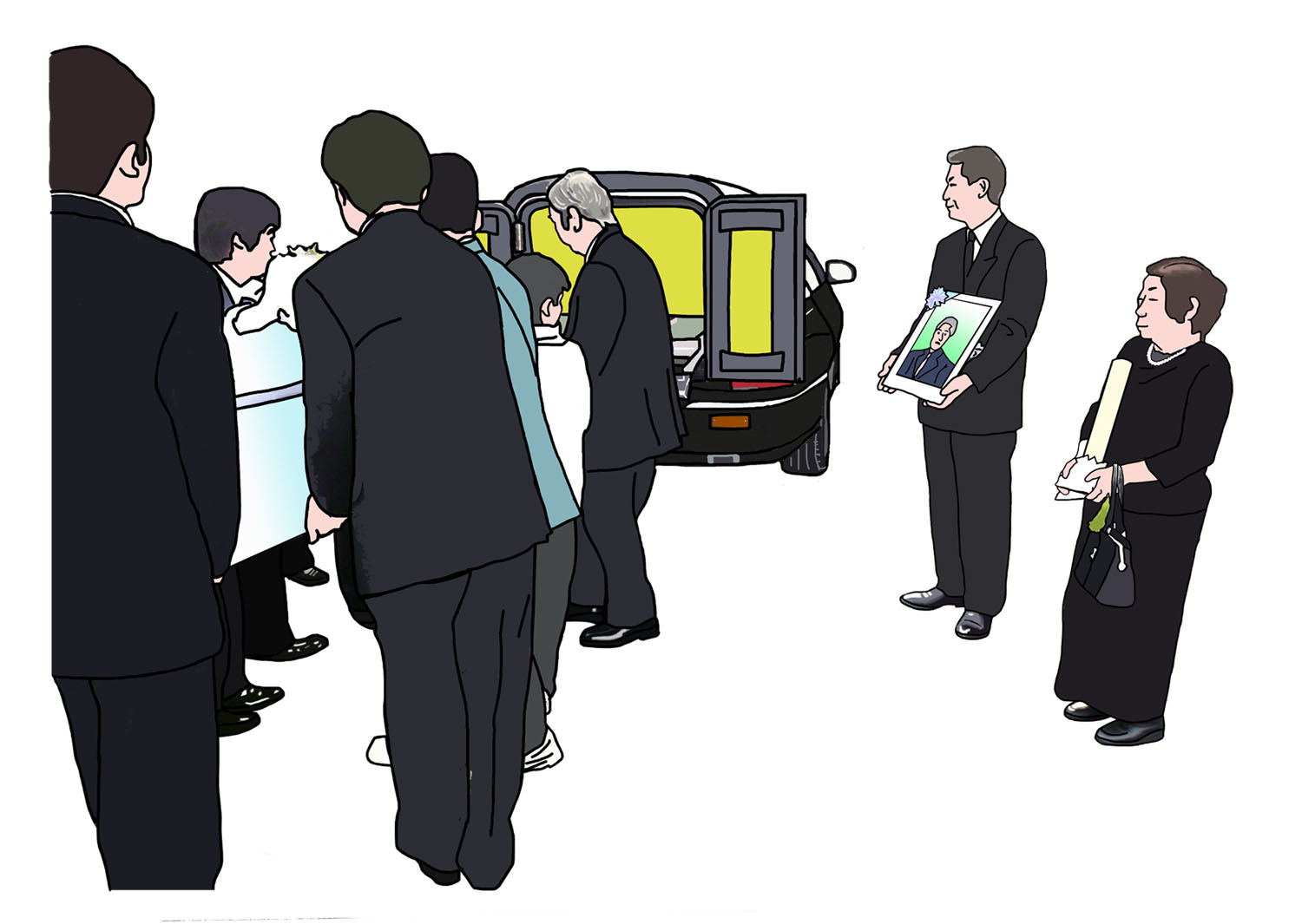 ご自宅から霊柩車で出棺する様子のイラスト