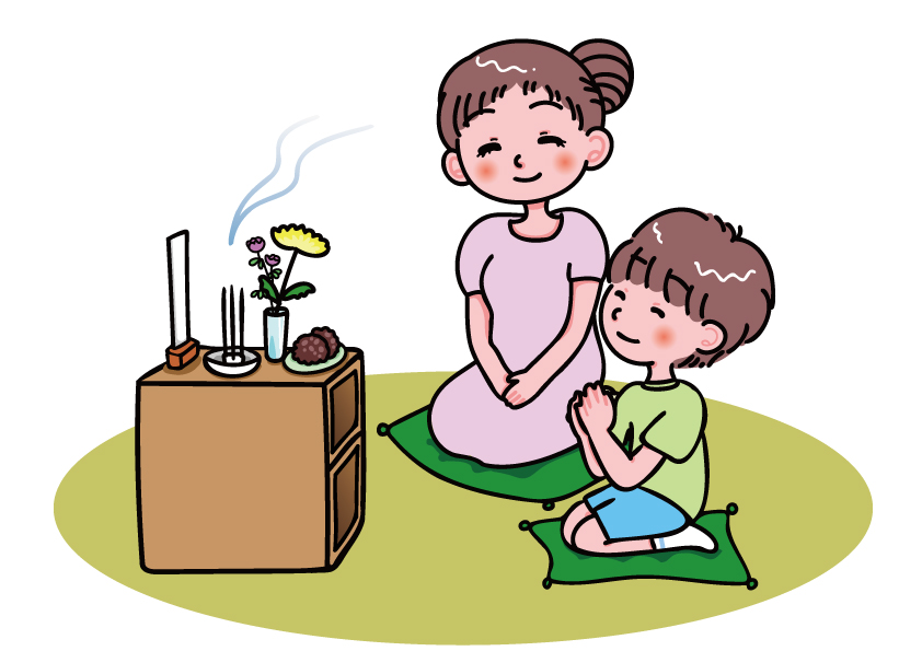 家族で静かに手を合わせるイラスト